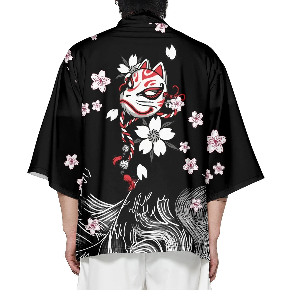 kawaiies-softtoys-plushies-kawaii-plush-White Fox Mask Sakura Unisex Black Kimono Kimono S 