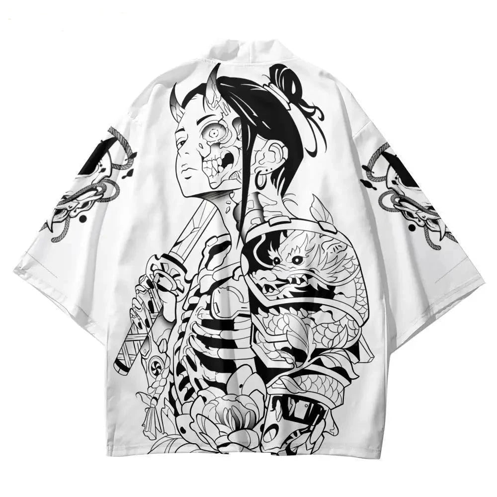 kawaiies-softtoys-plushies-kawaii-plush-White Japanese-themed Skeleton Samurai Print Unisex Kimono Kimono 