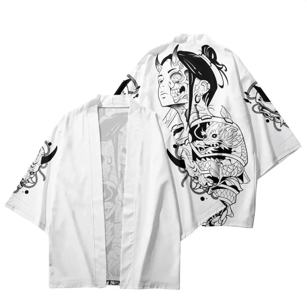 kawaiies-softtoys-plushies-kawaii-plush-White Japanese-themed Skeleton Samurai Print Unisex Kimono Kimono S 