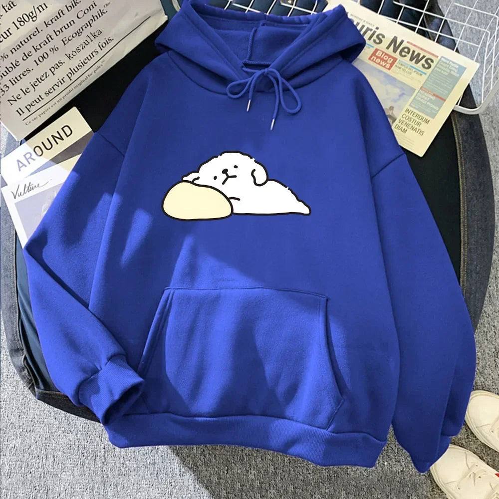 kawaiies-softtoys-plushies-kawaii-plush-White Mochi Luckie the Dog Unisex Hoodie Apparel Dark Blue L 