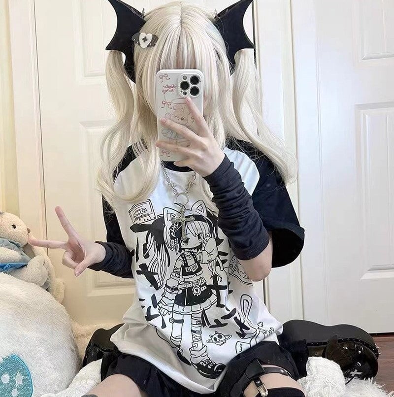 kawaiies-softtoys-plushies-kawaii-plush-Y2K Harajuku Anime Punk Girl Black Blue Women's Top Tee Apparel 