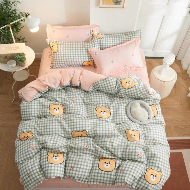 Bedding Set Aesthetic Rabbit Bear Twin Duvet Cover Flat Sheet