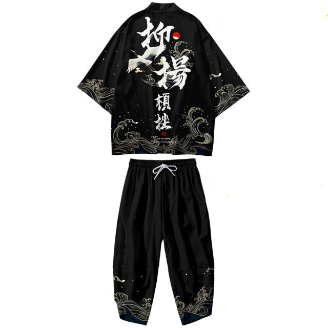 Black Japanese Crane Mens Two-Piece Kimono Yukata Top & Pants Sets