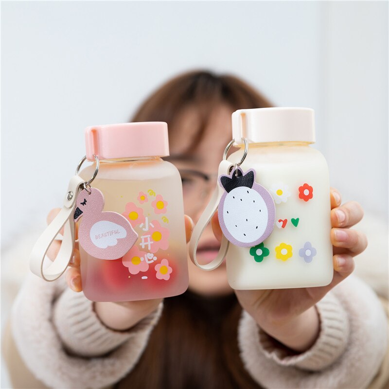 Kawaii Glass Water Bottle With Straw and lid Cartoon Frosted