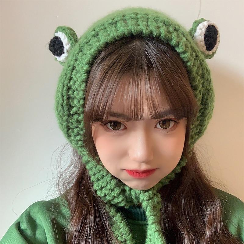 Frog Pom Pom Knit Beanie Hat