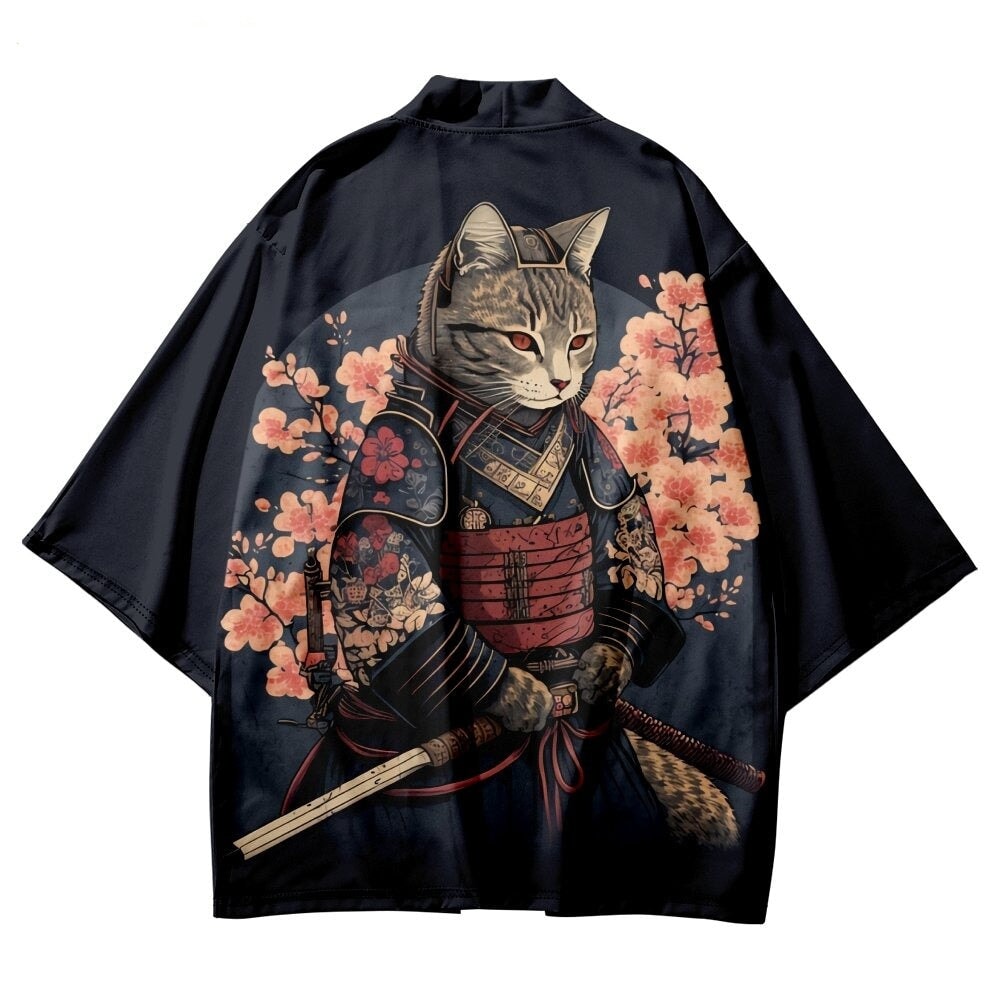 Japanese-themed Sakura Samurai Cat Print Unisex Kimono – Kawaiies