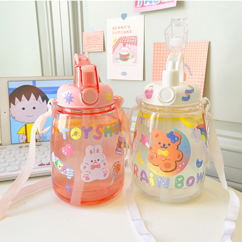 Little Bear Plastic Water Bottle Transparent Straw Water Cup with Straw for  K.FY