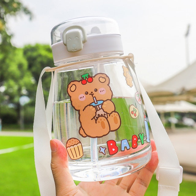 Cute Cat Bear Water Bottle For Kids Girls School Travel Kawaii Plastic Milk  Leak-proof Water Cup With Straw 3D Sticker BPA Free