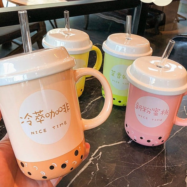 Cute bubble tea, coffee cup, kawaii, boba tea illustration