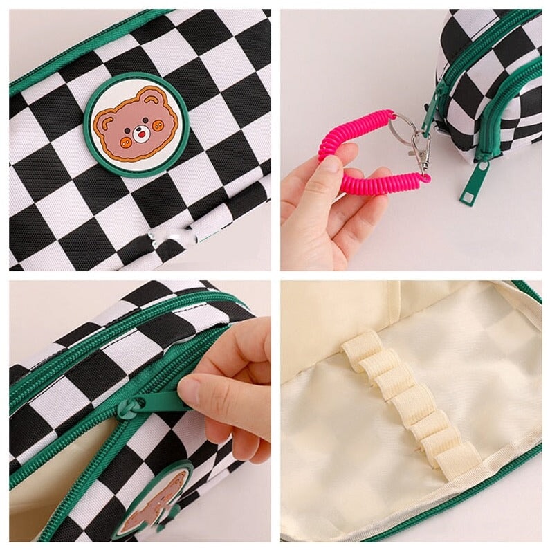 Kawaii Checked Zipped Pencil Case