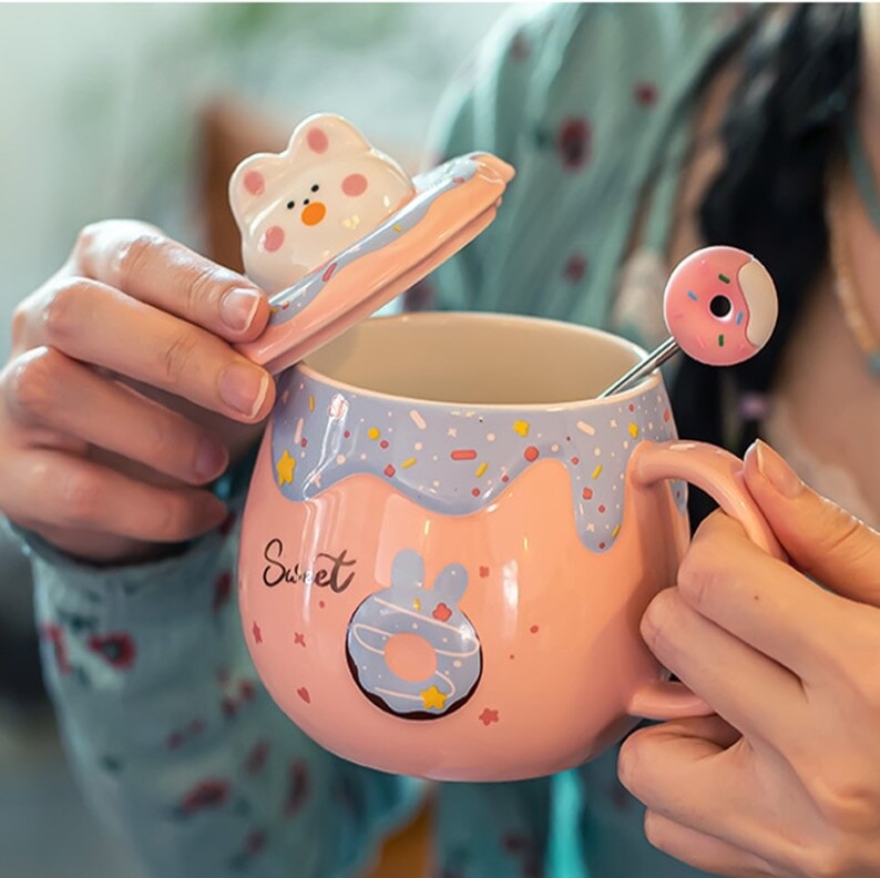 Economical Excellen Kawaii Donut Bunny Ceramic Mug With Lid + Spoon –  Kawaiies, cups cute