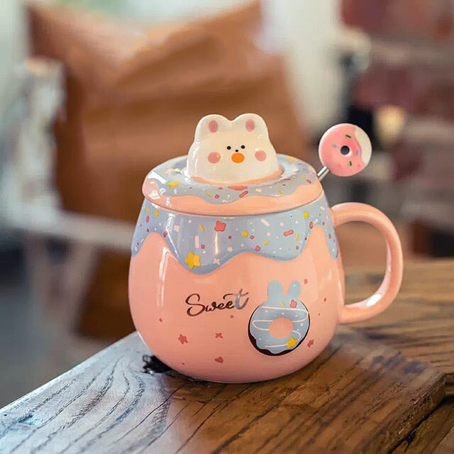 Kawaii Donut Bunny Ceramic Mug With Lid + Spoon