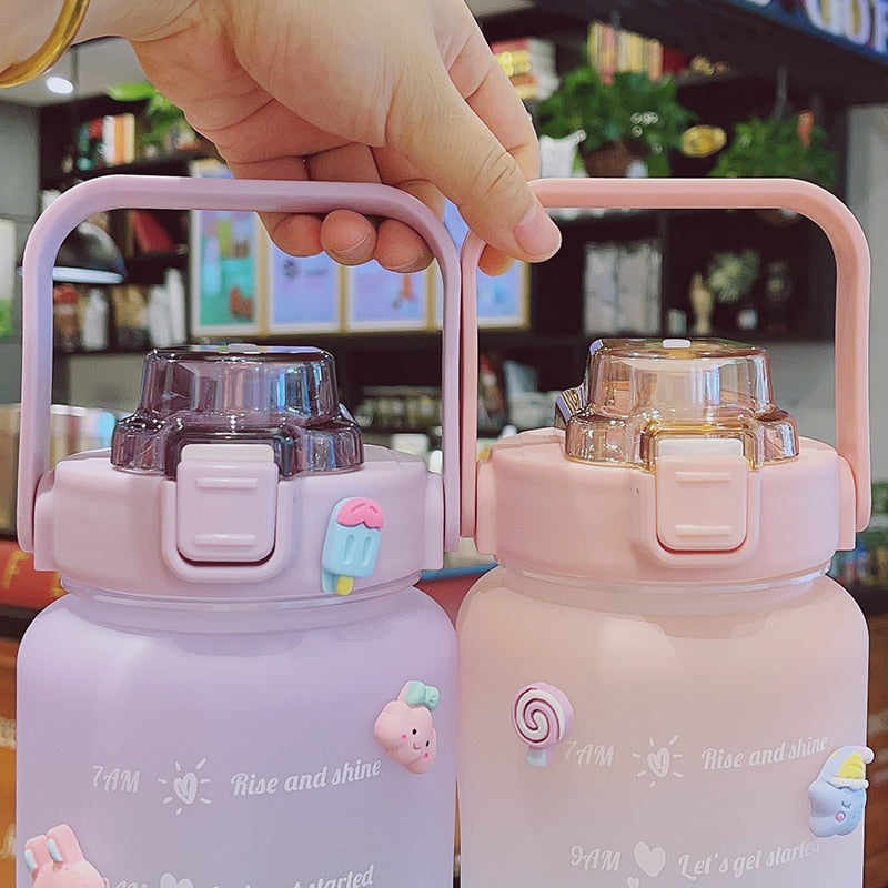 Generic 2 Liter Water Bottle With Straw Kawaii Cute Drinking Sports Bottles  With Time Marker For Girls Water Jug Drinkware Outdoor Cup(#China)