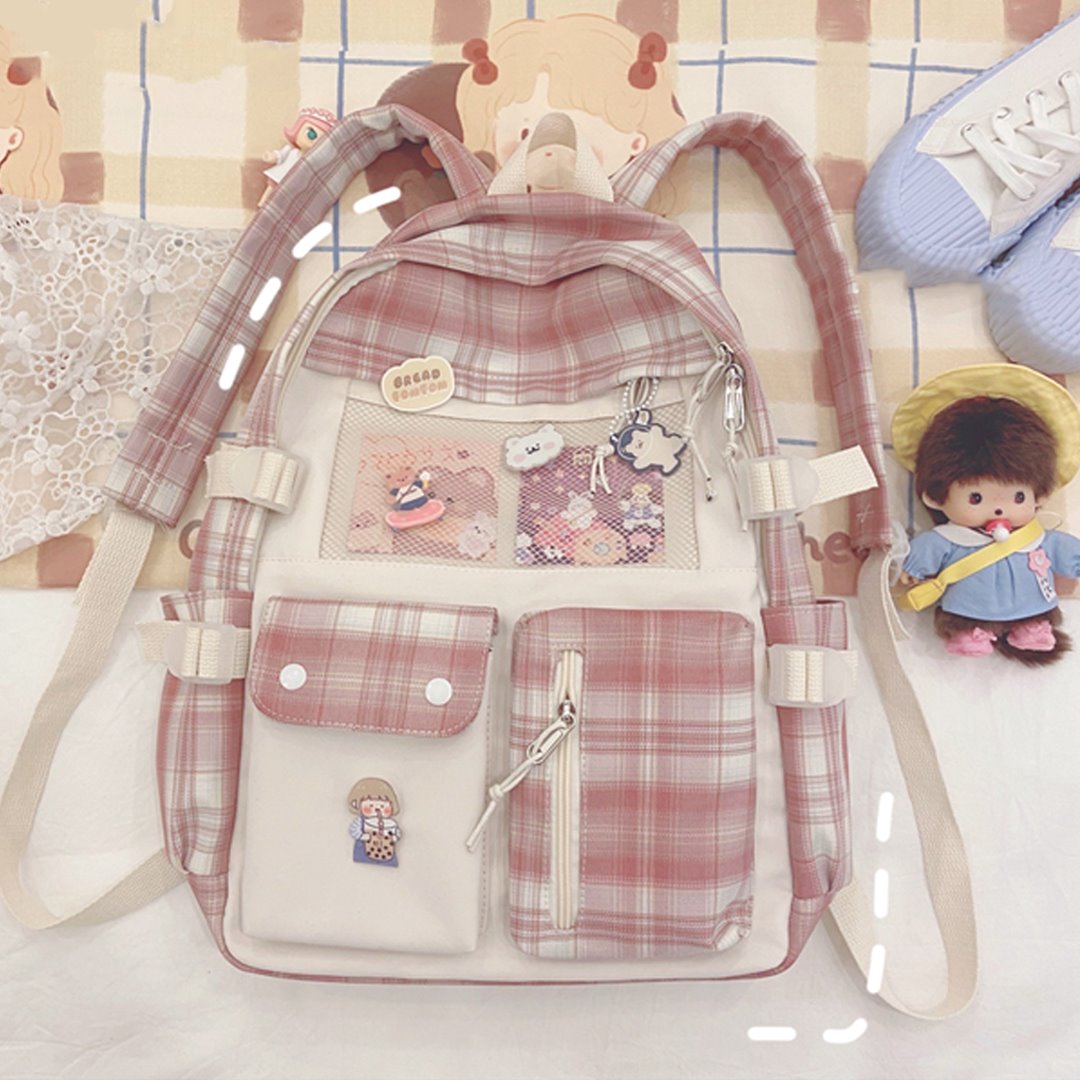 Kawaii backpack girl school notebook school bag travel backpack with kawaii  pin and cute accessories pink, Pink, 30*12*40 : Amazon.in: Fashion