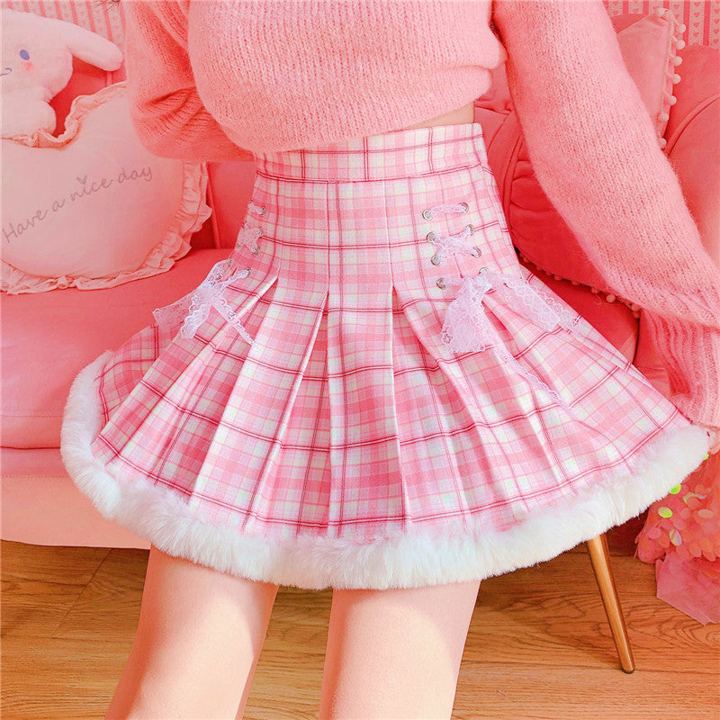Cute Pleated Pink White Checked Women High-Waist Short Skirt with Lace –  Kawaiies