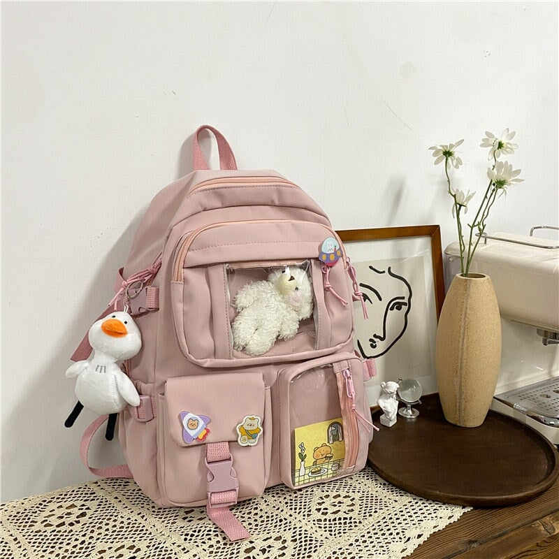 Aesthetic Kawaii Backpack with Kawaii Pendants for School Cute Mini  Backpack Flowers Japanese School Bag for Teen Girls (White)