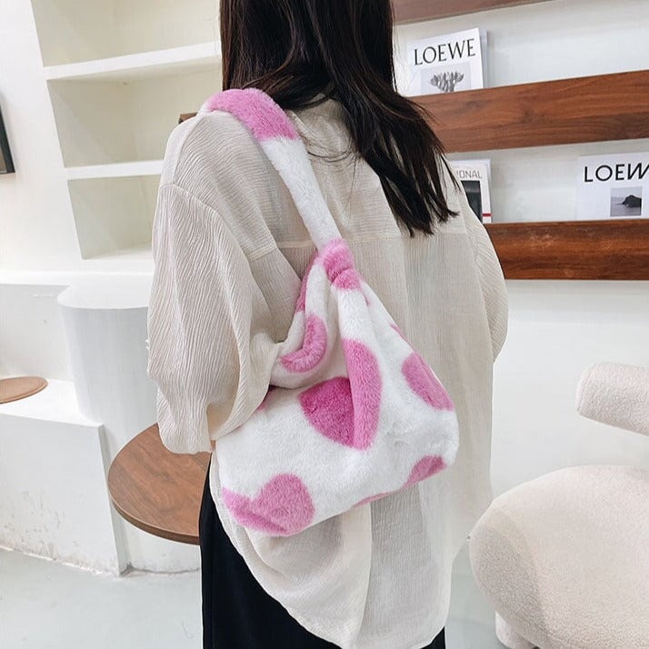 Pink Hearts Fluffy Tote Bag Kawaiies