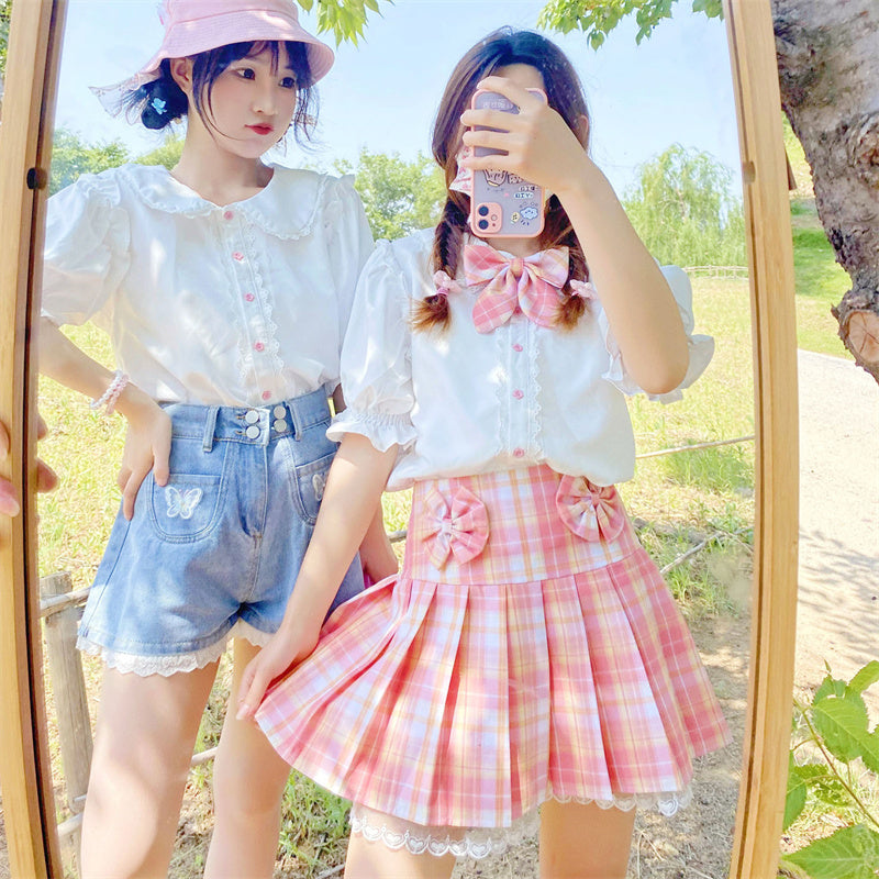 Pink Plaid Pleated Short Korean Fashion Skirt with Lace & Bow