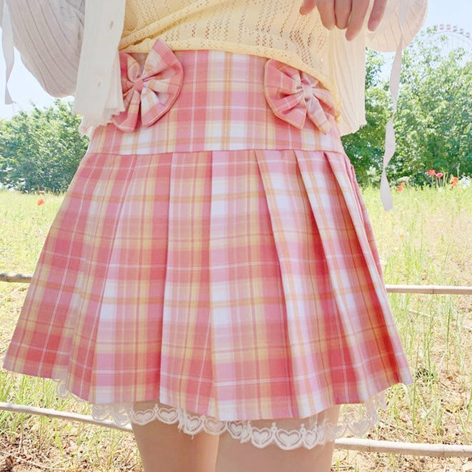 Pink Plaid Pleated Short Korean Fashion Skirt with Lace & Bow