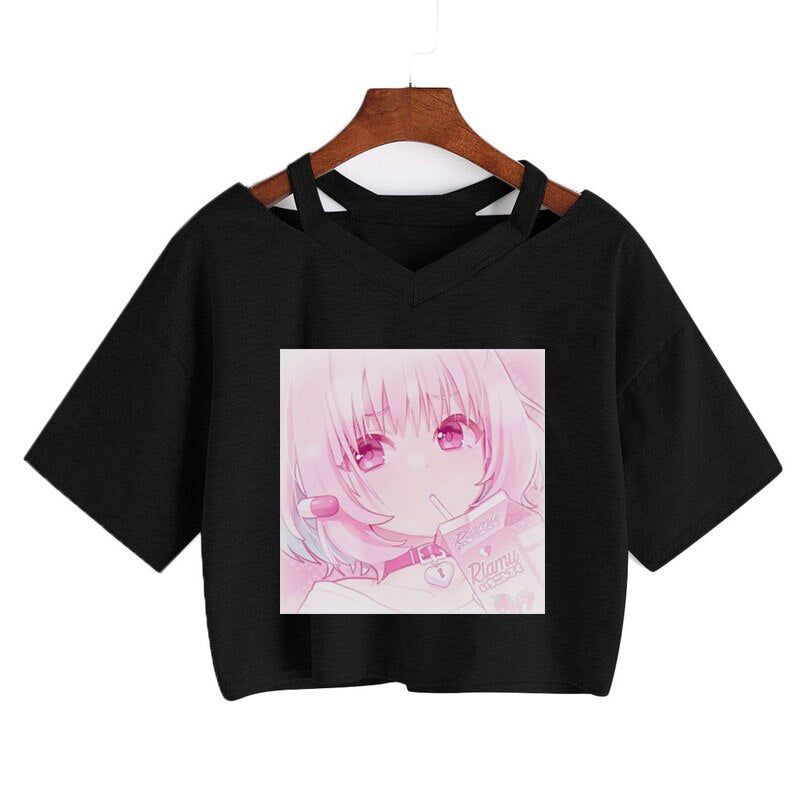 Pink Riamu Cute Anime Girl Print V-neck Crop Top Tee – Kawaiies