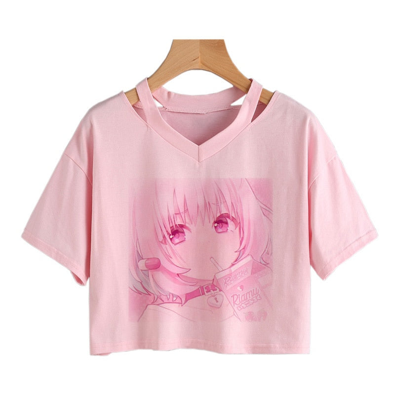 Pink Riamu Cute Anime Girl Print V-neck Crop Top Tee – Kawaiies
