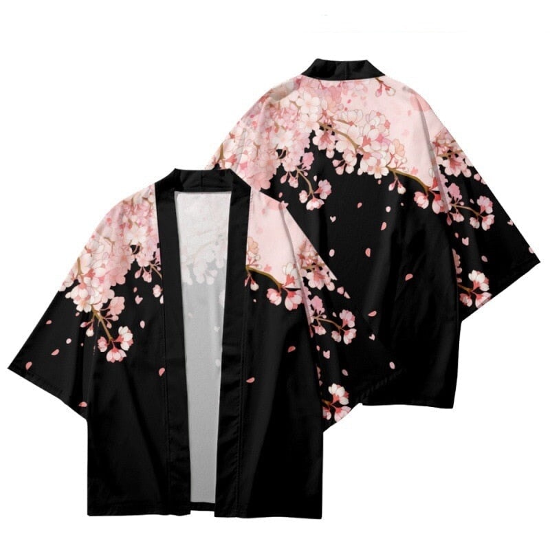 Pink Sakura Flowers Print Unisex Black Kimono – Kawaiies