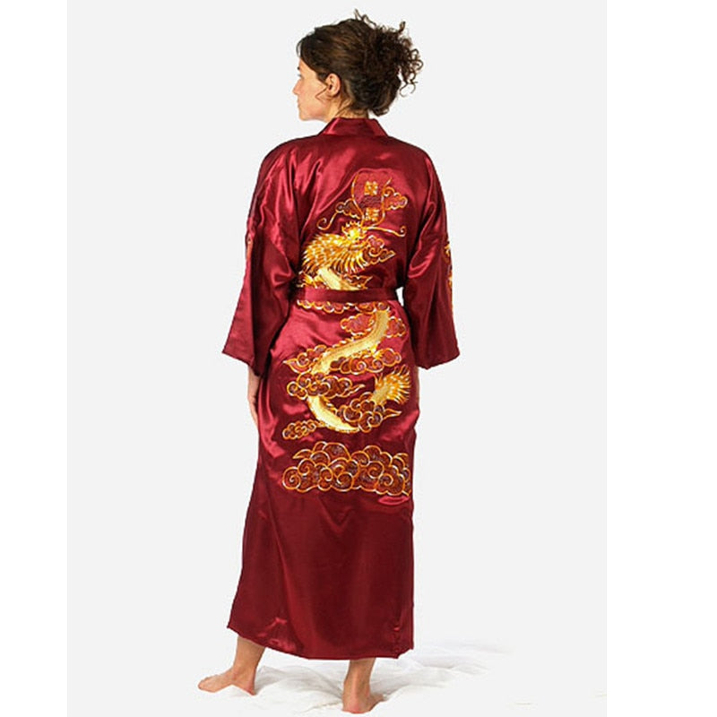 Satin Silk Golden Dragon Embroidery Long Kimono Gown - Kawaiies - Adorable - Cute - Plushies - Plush - Kawaii