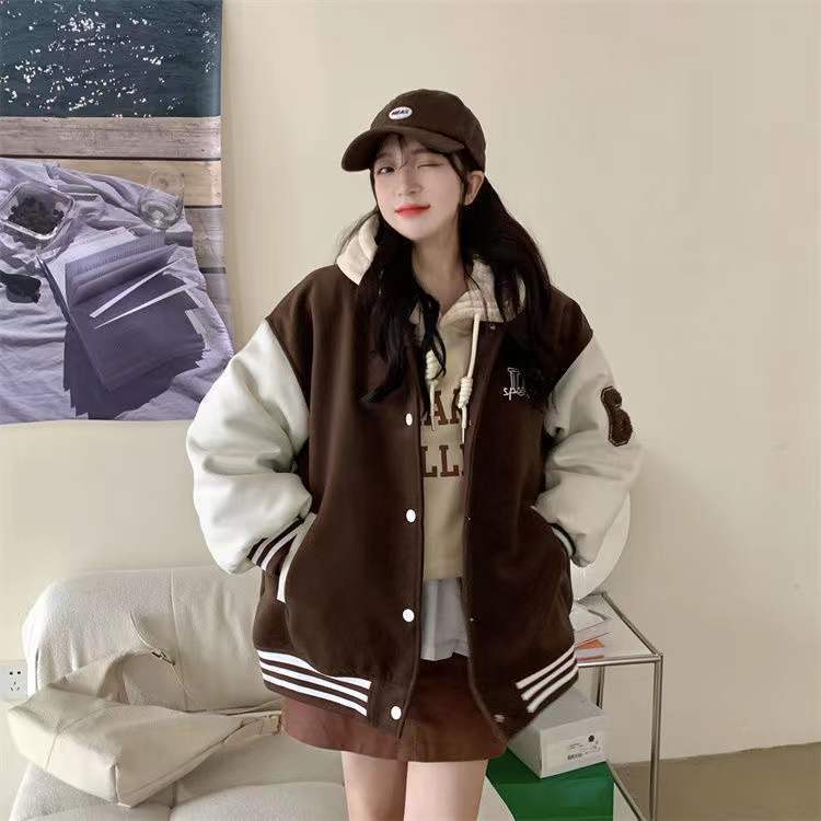 'Unspecified' Six Patch Striped Burgundy Brown Women's Varsity Jacket ...