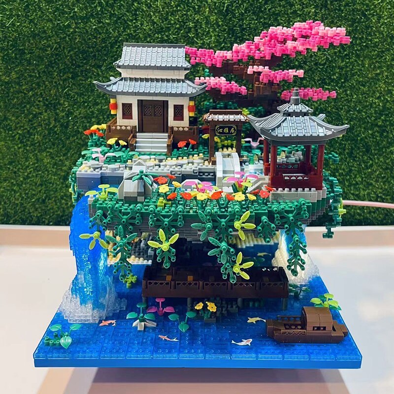 Waterfall Japanese House Sakura Tree Floating Island Nano Building Blo –  Kawaiies